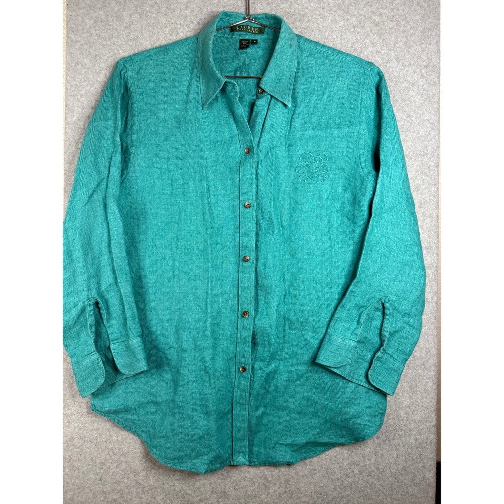Lauren Ralph Lauren Teal Green 100% Linen Herringbone Monogram Button Down Top M